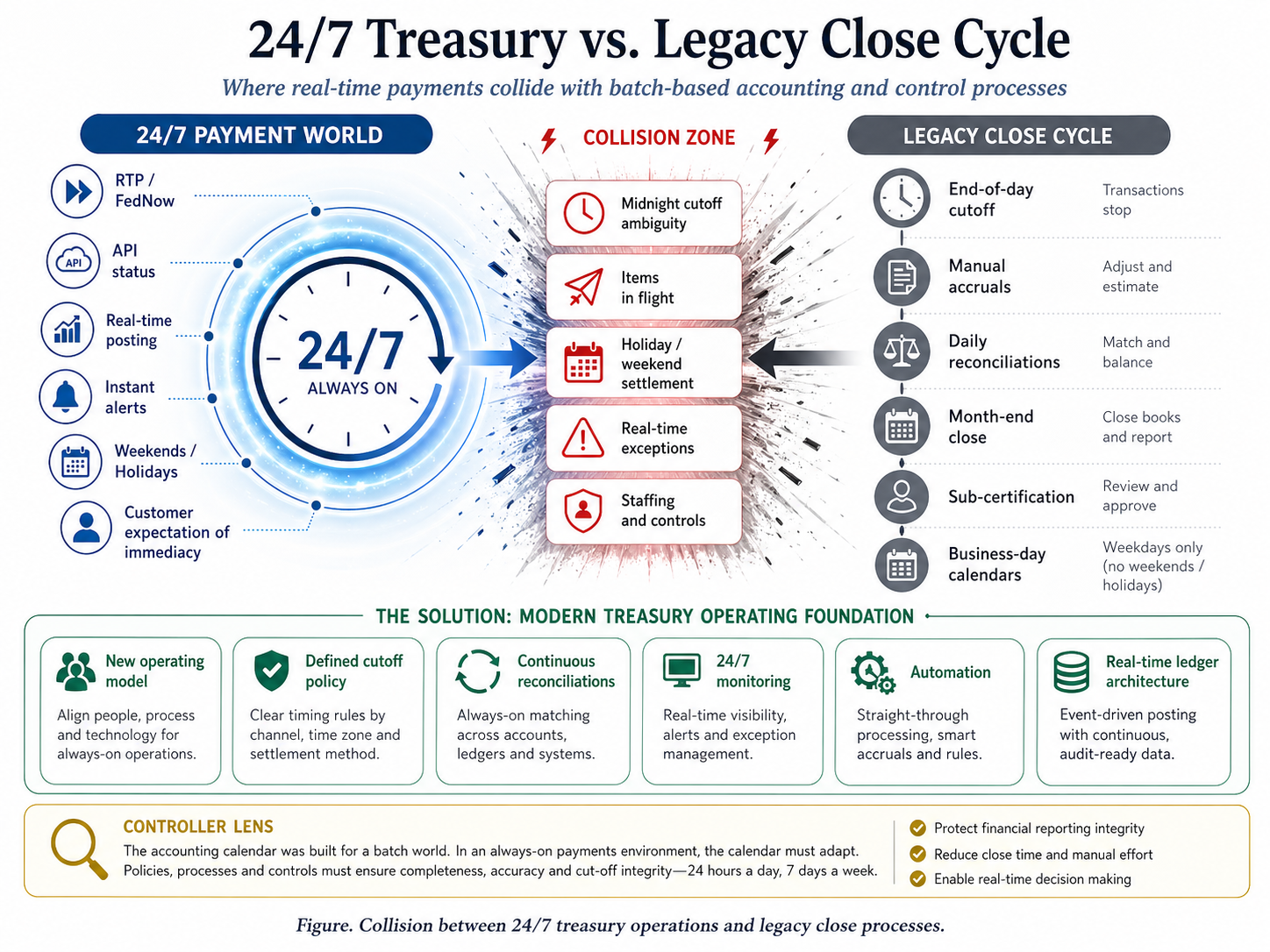 Figure. Collision between 24/7 treasury operations and legacy close processes.
